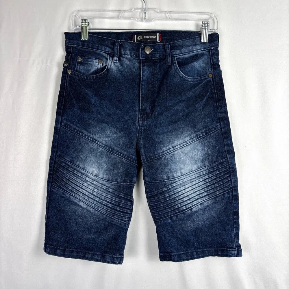 Akademiks Moto Biker Shorts Boys Size 16 Blue Denim Distressed Detail Streetwear